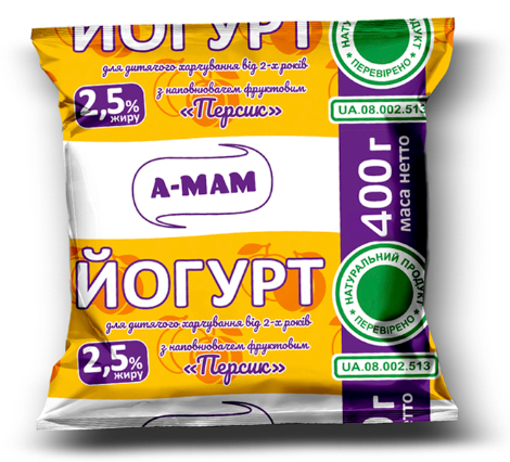 Йогурт А-МАМ 2,5% жиру, для дитячого харчування від 2-х років, з наповнювачем фруктовим, 400г